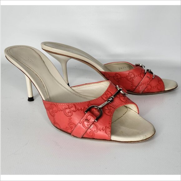 GUCCI vintage 37 orange GG Leather LOGO Horsebit Stiletto Sandals Slides Authent - Picture 1 of 5